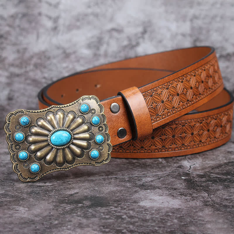 Men's Western Turquoise Stone Embellishment Leather Belt