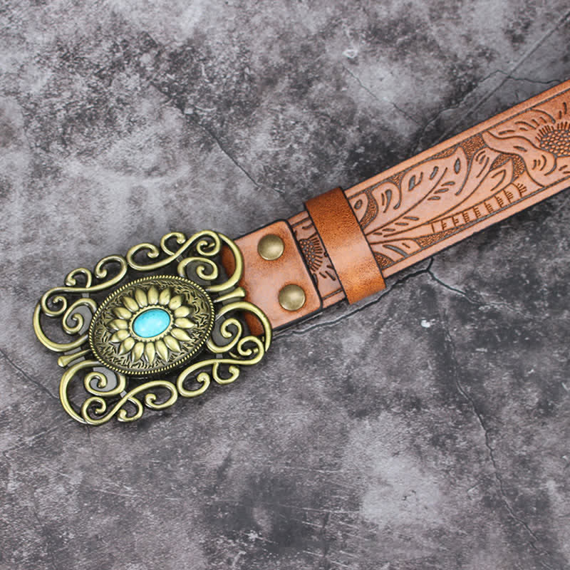 Men's Hollow Out Buckle Turquoise Inlaid Leather Belt