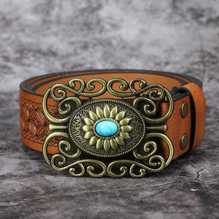 Men's Hollow Out Buckle Turquoise Inlaid Leather Belt