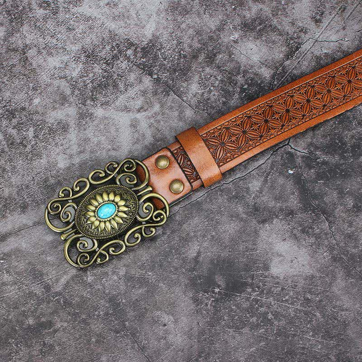 Men's Hollow Out Buckle Turquoise Inlaid Leather Belt