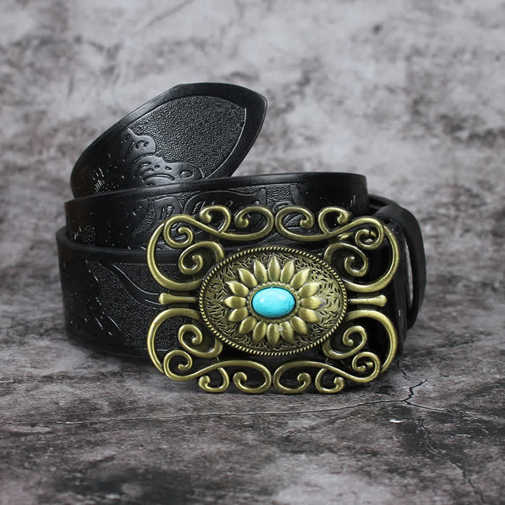 Men's Hollow Out Buckle Turquoise Inlaid Leather Belt