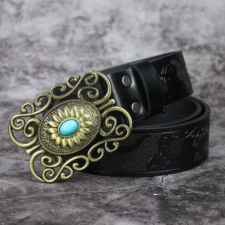 Men's Hollow Out Buckle Turquoise Inlaid Leather Belt