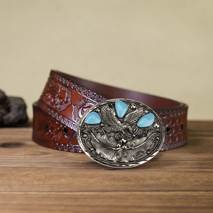 Men's DIY Horse Eagle Faux Turquoise Buckle Leather Belt