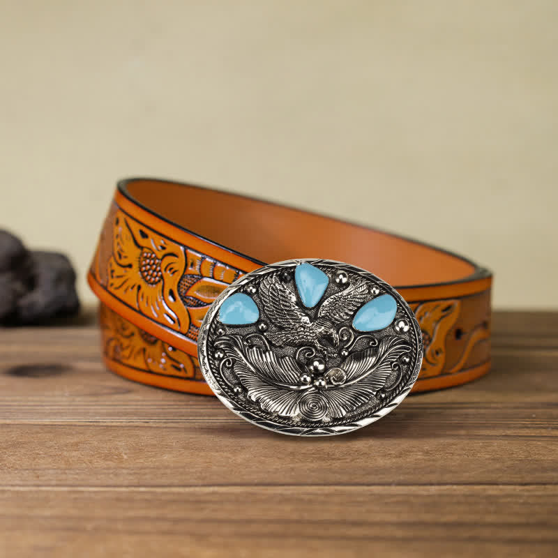 Men's DIY Horse Eagle Faux Turquoise Buckle Leather Belt