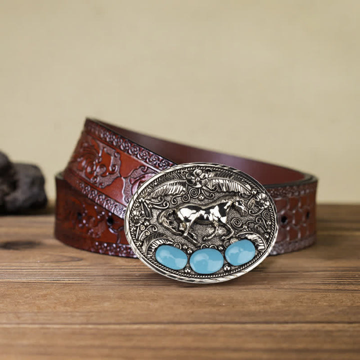 Men's DIY Horse Eagle Faux Turquoise Buckle Leather Belt