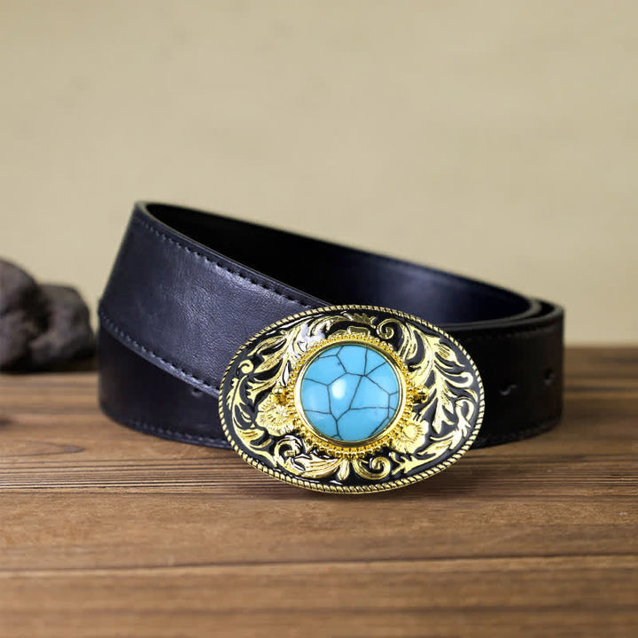 Men's DIY Gold Tone Faux Turquoise Ruby Buckle Leather Belt