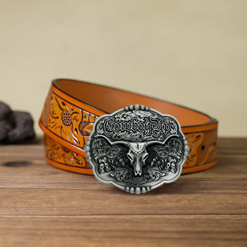 Men's DIY Cowboy Gothic Skull Bull Buckle Leather Belt