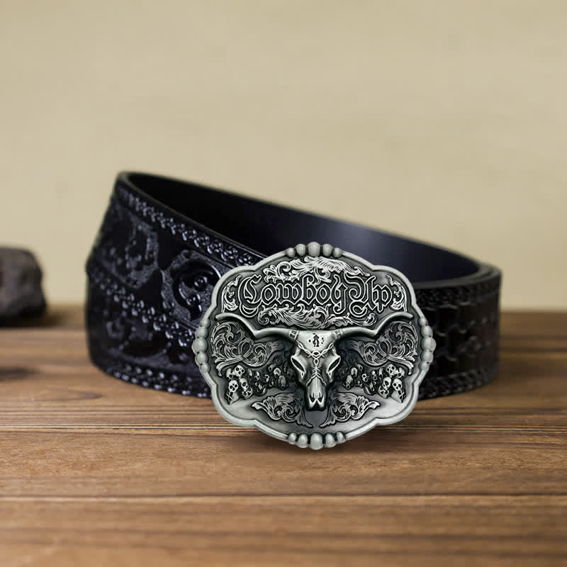 Men's DIY Cowboy Gothic Skull Bull Buckle Leather Belt