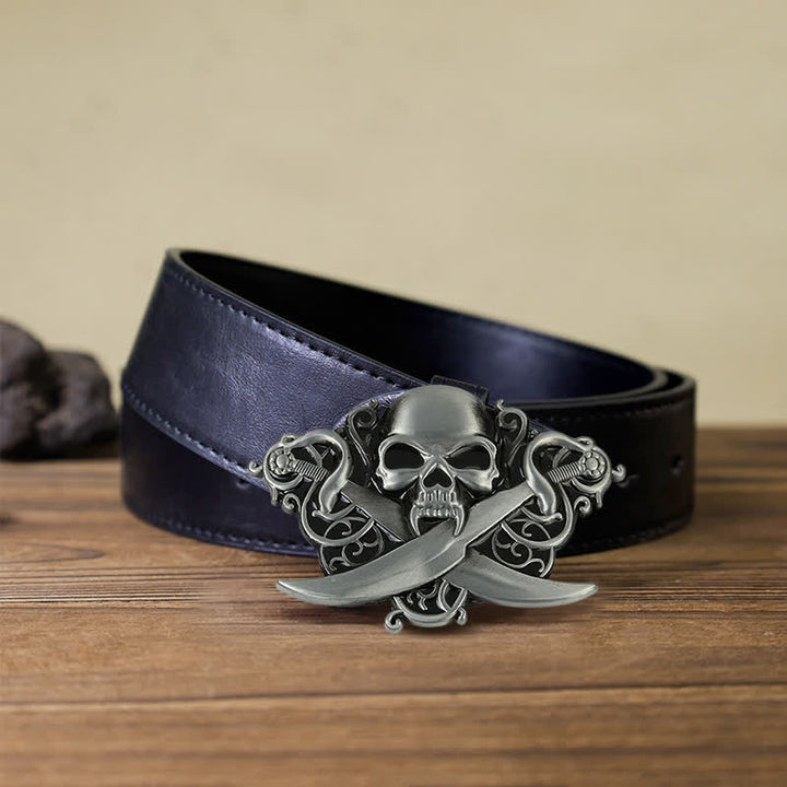 Men's DIY Double Swords Skull Ghost Buckle Leather Belt