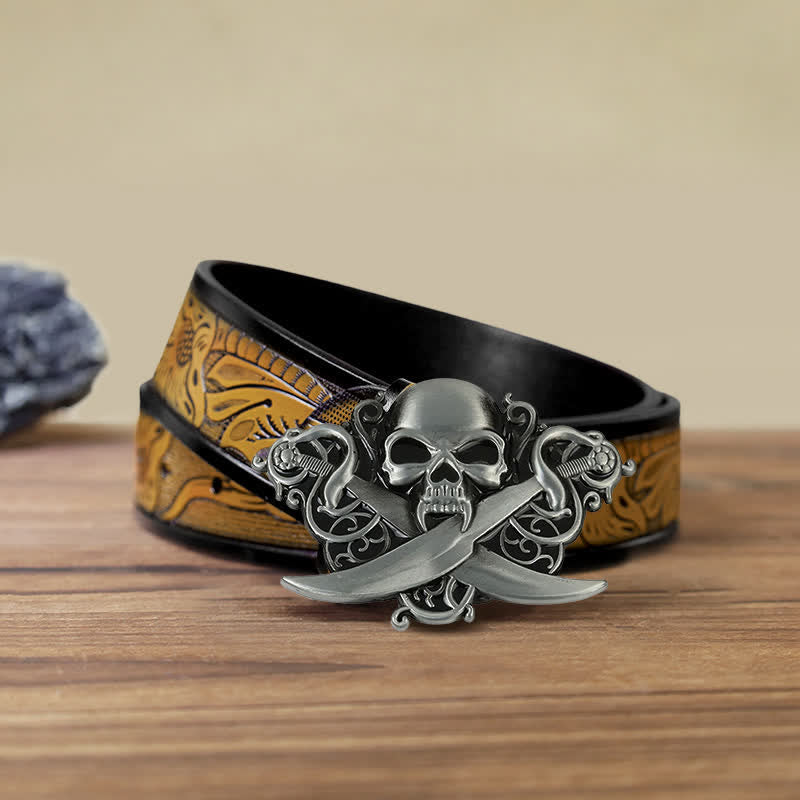 Men's DIY Double Swords Skull Ghost Buckle Leather Belt