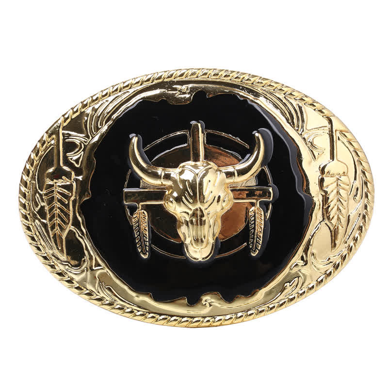 Men's DIY Gold Black Bull Head Buckle Leather Belt