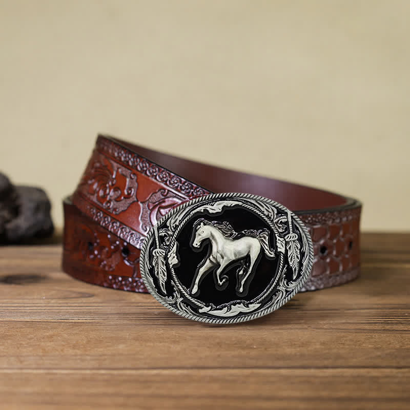 Men's DIY Silver Black Running Horse Buckle Leather Belt