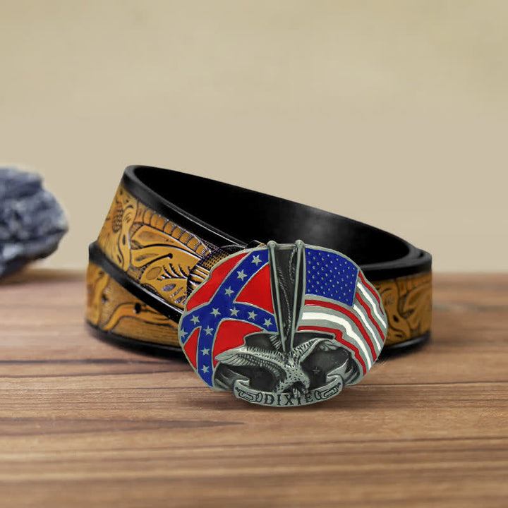 Men's DIY Eagle Double Flags Dixie Buckle Leather Belt