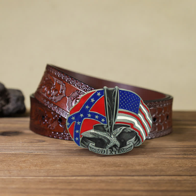 Men's DIY Eagle Double Flags Dixie Buckle Leather Belt