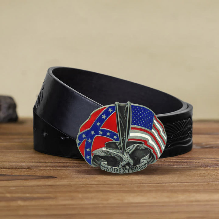 Men's DIY Eagle Double Flags Dixie Buckle Leather Belt