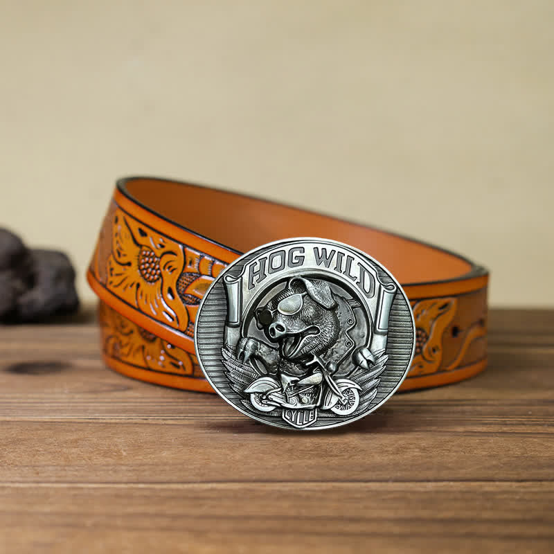 Men's DIY Hog Wild Motorcycle Pig Buckle Leather Belt