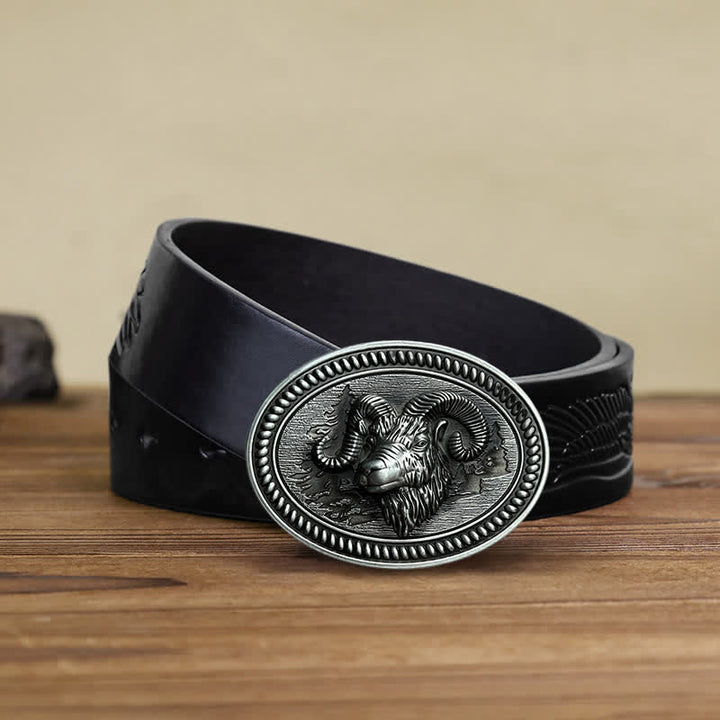 Men's DIY Ram Goat Head Western Buckle Leather Belt