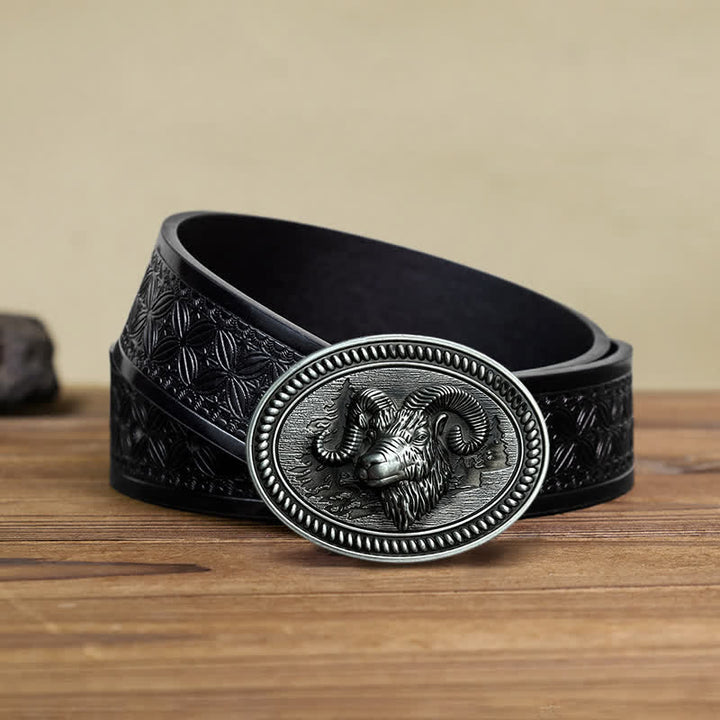 Men's DIY Ram Goat Head Western Buckle Leather Belt