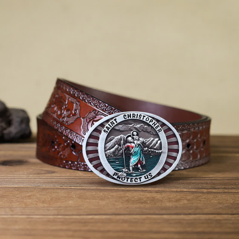 Men's DIY Saint Christopher Protect Us Buckle Leather Belt