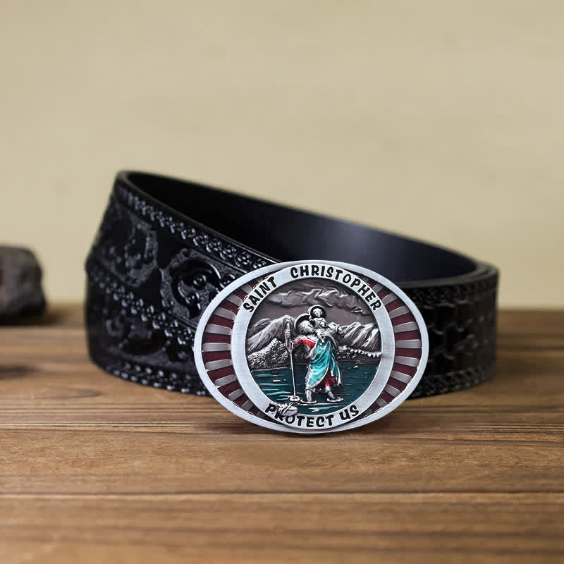 Men's DIY Saint Christopher Protect Us Buckle Leather Belt