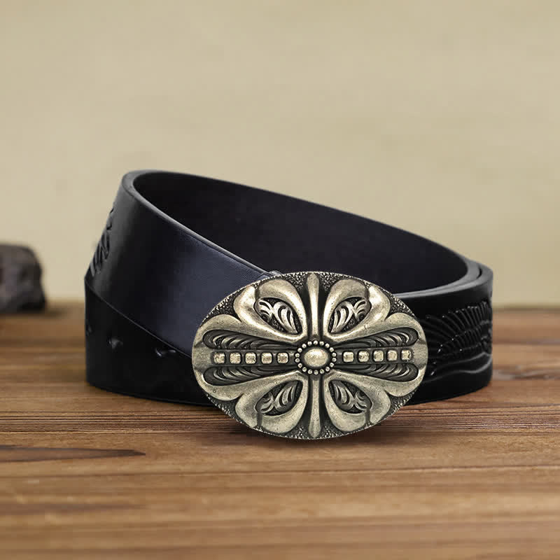 Men's DIY Middle Aged Cross Flower Buckle Leather Belt