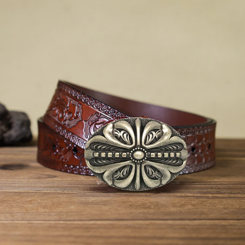 Men's DIY Middle Aged Cross Flower Buckle Leather Belt