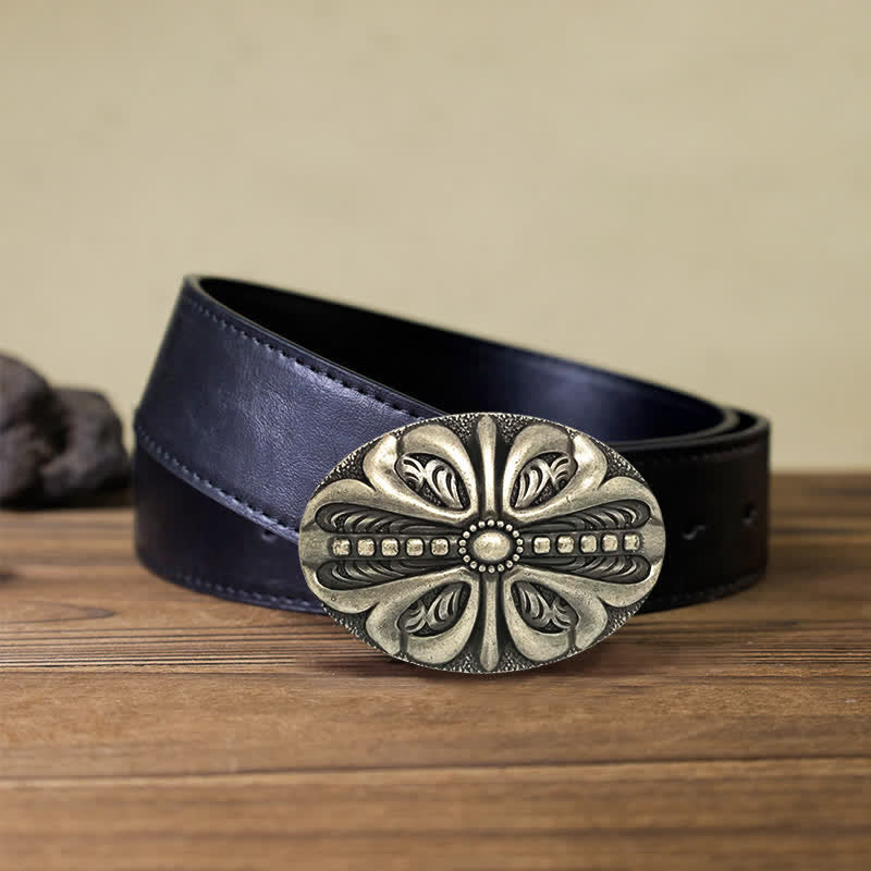 Men's DIY Middle Aged Cross Flower Buckle Leather Belt