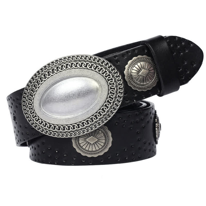 Men's Vintage Looking Oval Buckle Rivet Leather Belt