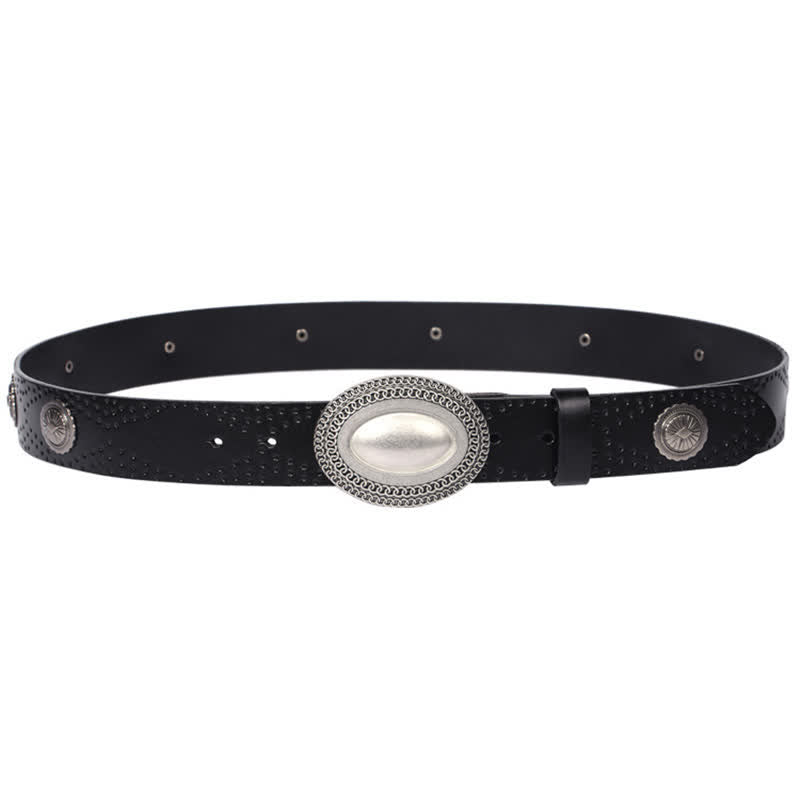 Men's Vintage Looking Oval Buckle Rivet Leather Belt