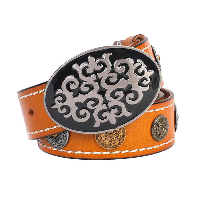 Men's Ethnic Carved Flower & Lion Head Rivet Leather Belt