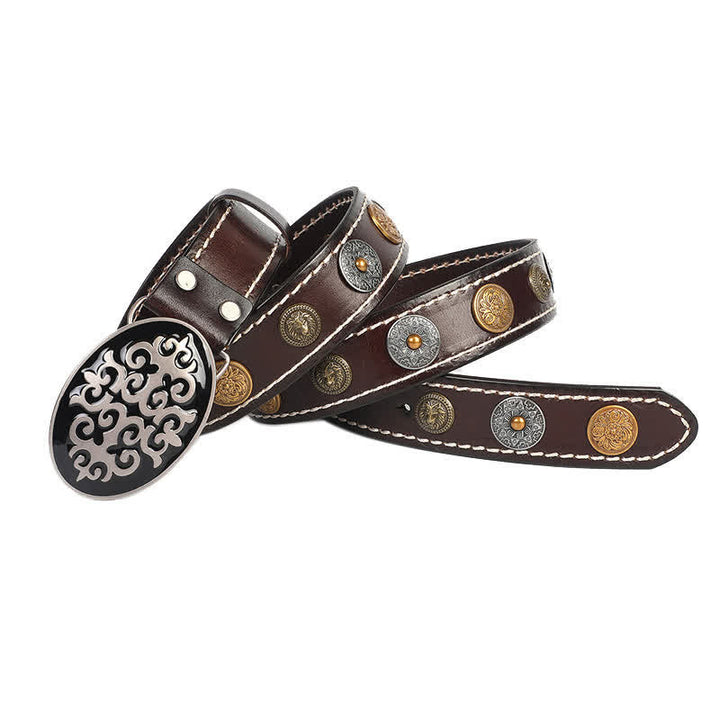 Men's Ethnic Carved Flower & Lion Head Rivet Leather Belt