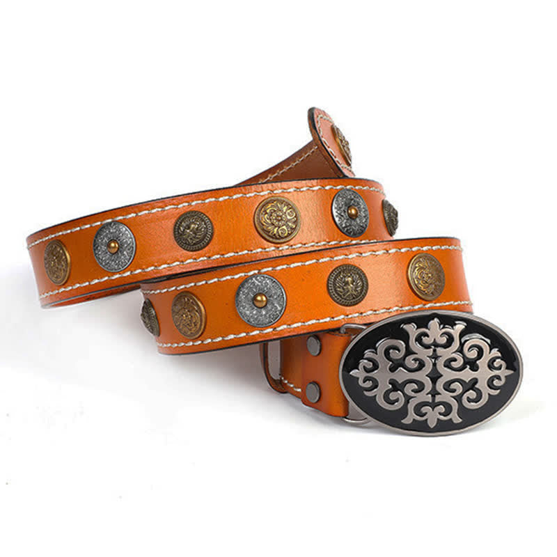 Men's Ethnic Carved Flower & Lion Head Rivet Leather Belt