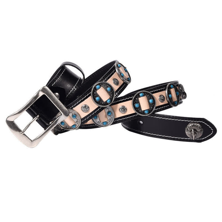 Men's Turquoise Inlay Floral Studded Leather Belt