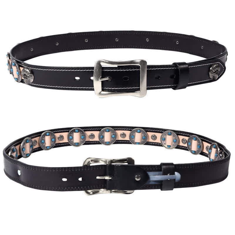 Men's Turquoise Inlay Floral Studded Leather Belt