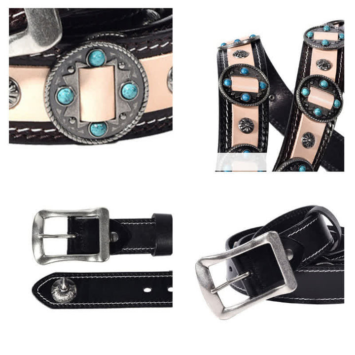 Men's Turquoise Inlay Floral Studded Leather Belt