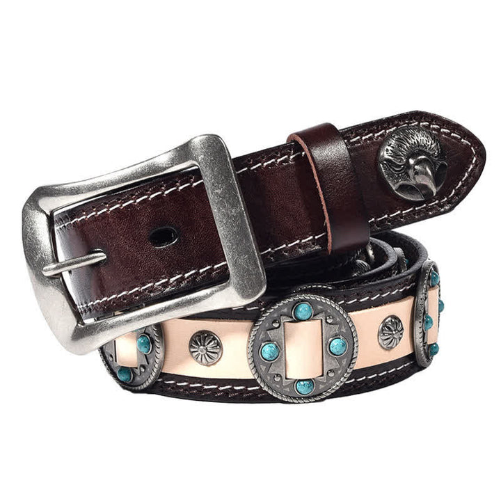 Men's Turquoise Inlay Floral Studded Leather Belt