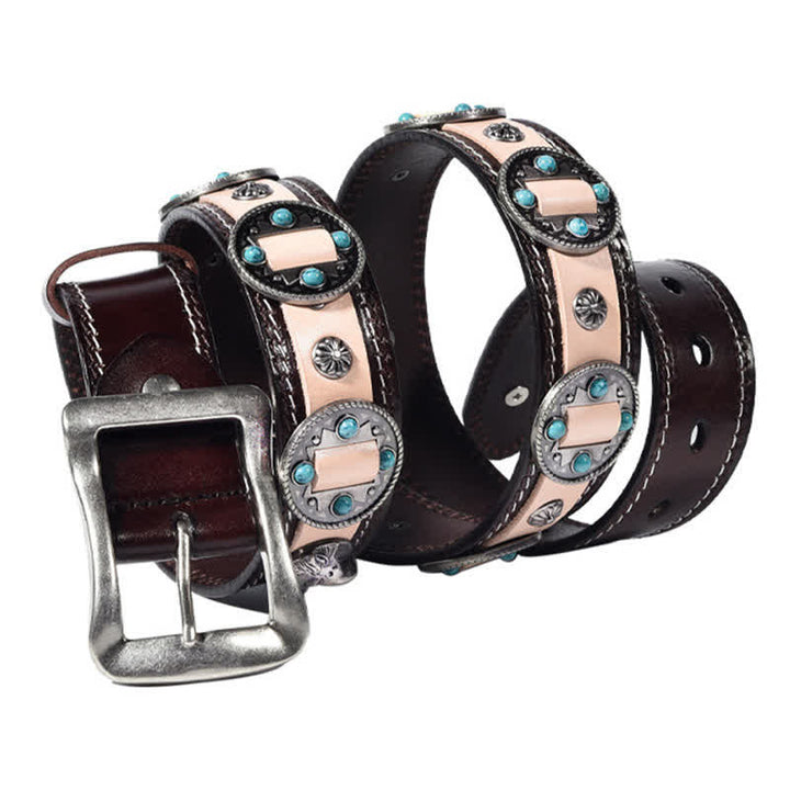 Men's Turquoise Inlay Floral Studded Leather Belt