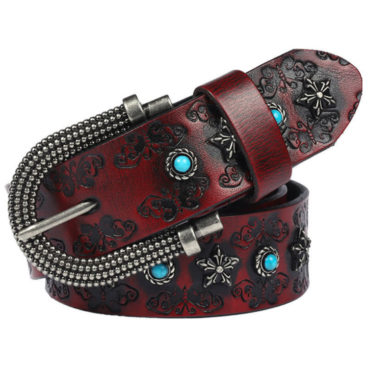Men's Rivet Butterfly Carving Turquoise Inlay Leather Belt - Red - 38 - image 4