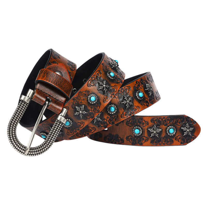 Men's Rivet Butterfly Carving Turquoise Inlay Leather Belt