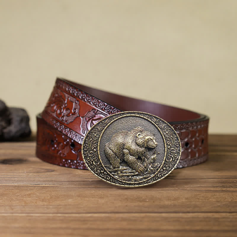 Men's DIY Wild Animal Bear Bull Buckle Leather Belt