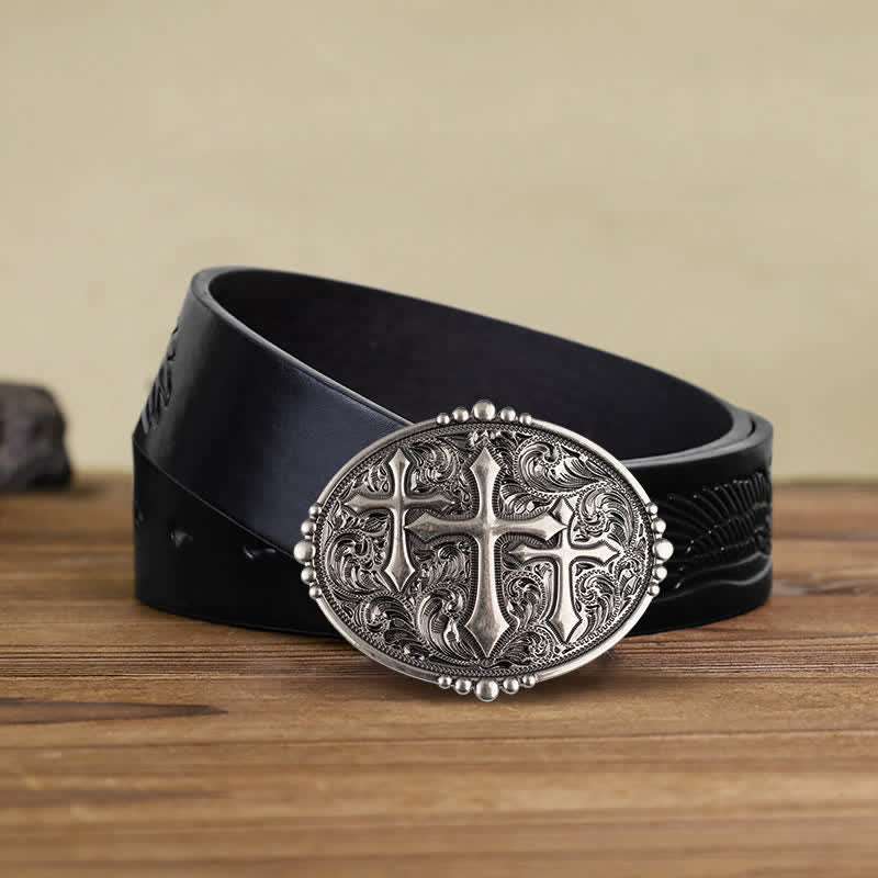 Men's DIY Western Scroll Cross Buckle Leather Belt