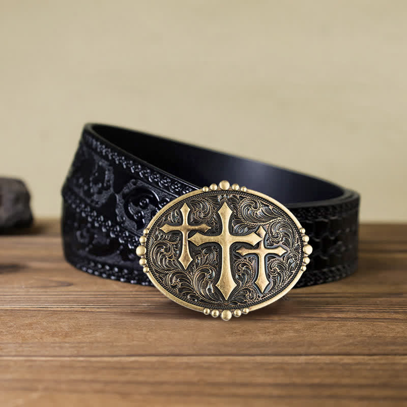 Men's DIY Western Scroll Cross Buckle Leather Belt