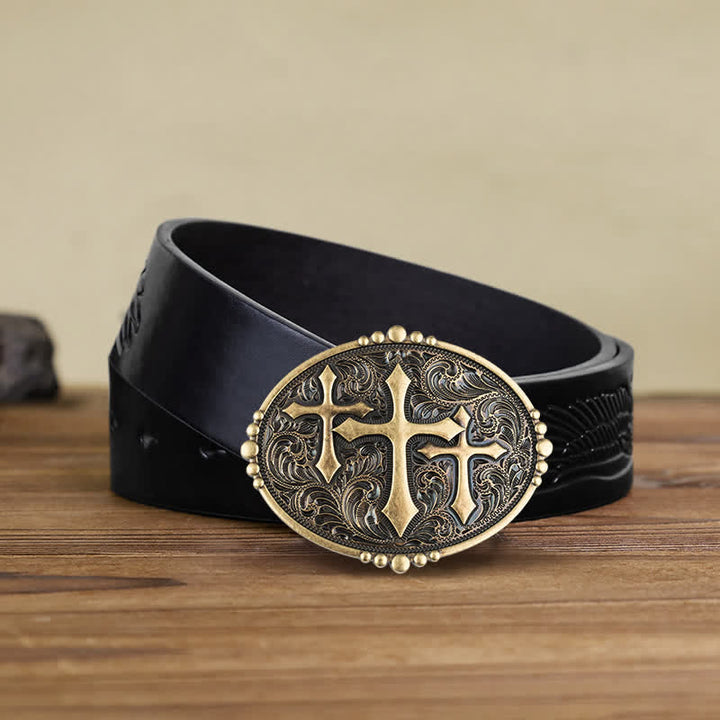 Men's DIY Western Scroll Cross Buckle Leather Belt