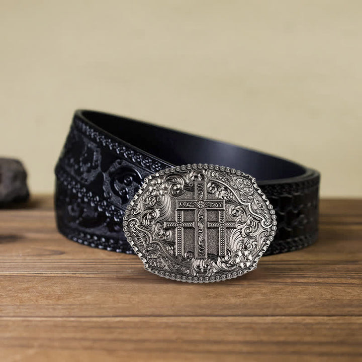 Men's DIY Western Scroll Cross Buckle Leather Belt