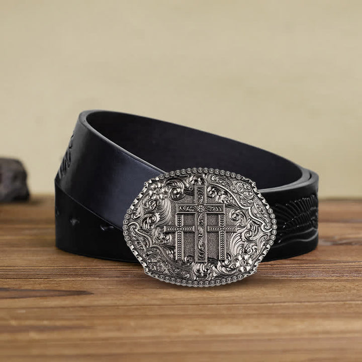 Men's DIY Western Scroll Cross Buckle Leather Belt