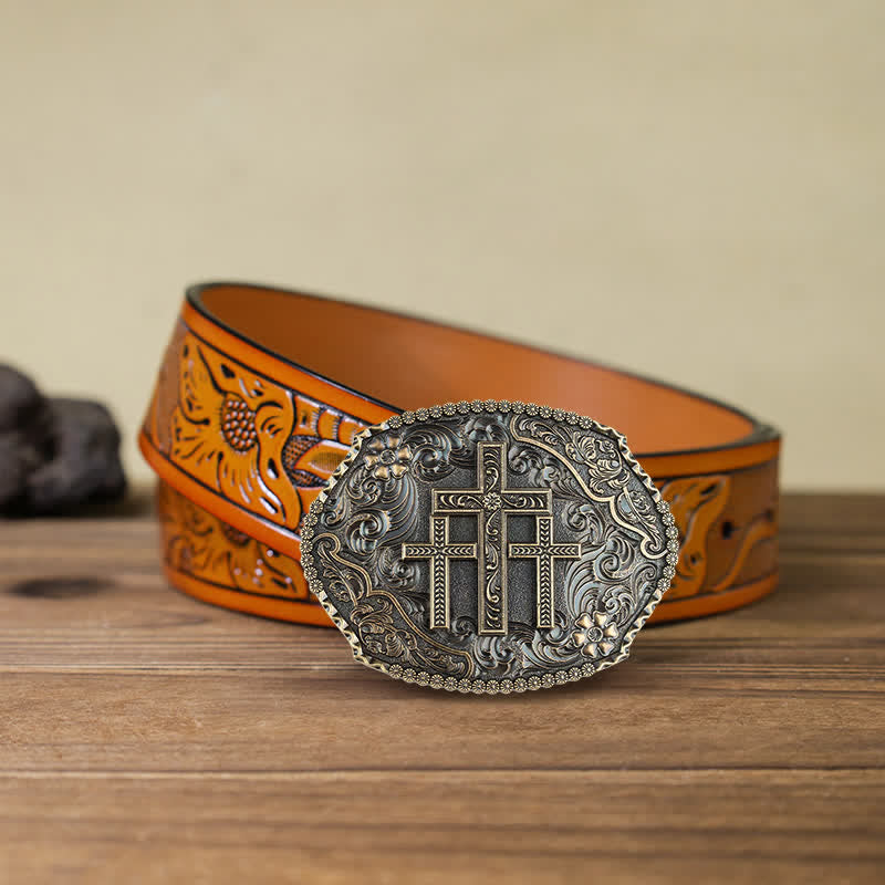 Men's DIY Western Scroll Cross Buckle Leather Belt