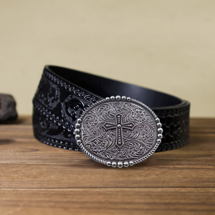 Men's DIY Western Scroll Cross Buckle Leather Belt