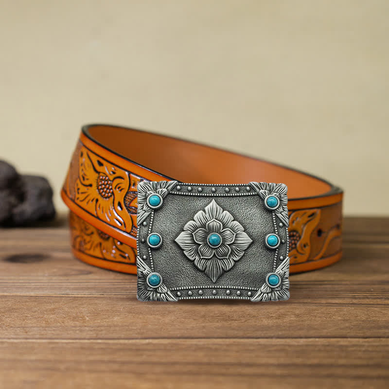 Men's DIY Western Turquoise Rectangular Buckle Leather Belt