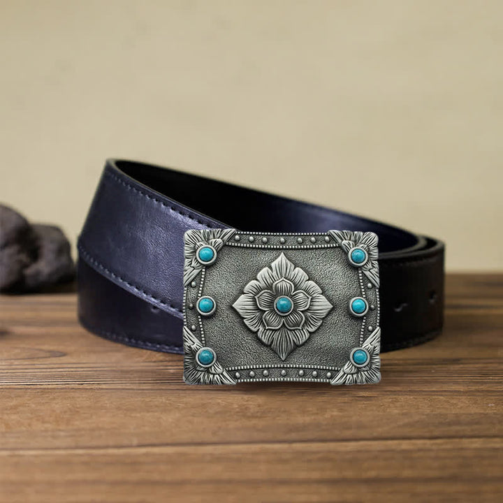 Men's DIY Western Turquoise Rectangular Buckle Leather Belt