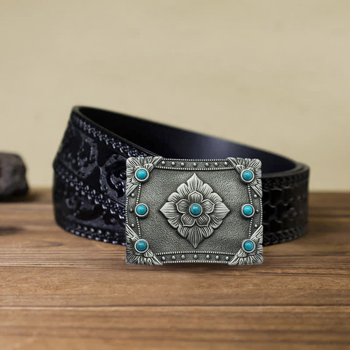 Men's DIY Western Turquoise Rectangular Buckle Leather Belt